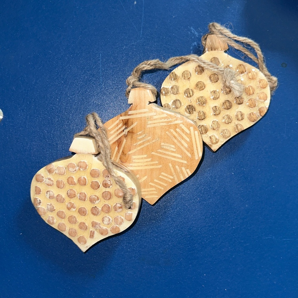 New Set of 3 mango wood ornaments, Sam + Ollie modern farmhouse, Christmas, gift